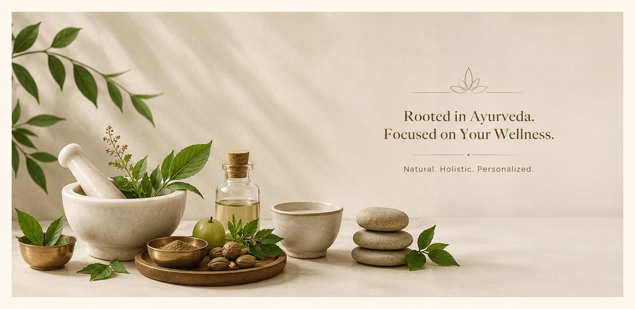 Ayurvedic wellness still life with herbs and natural treatment items
