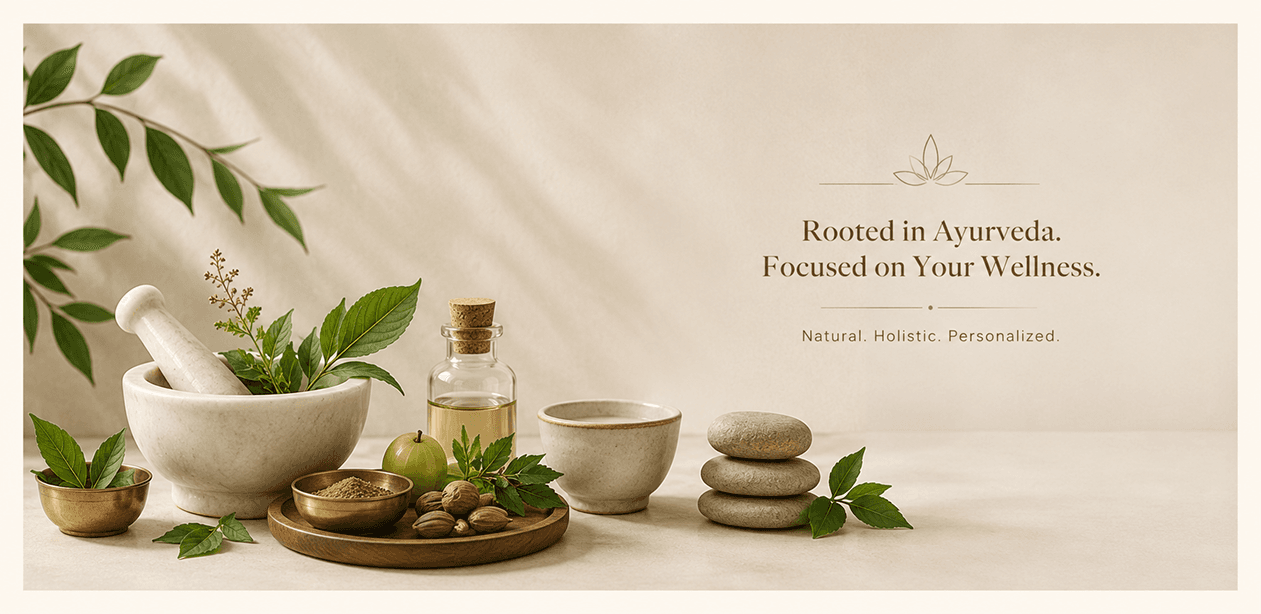 Ayurvedic wellness still life with herbs and natural treatment items
